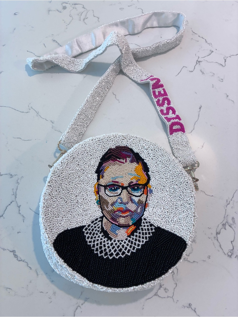 White Beaded Round Crossbody Bag with Colorful Portrait Accent